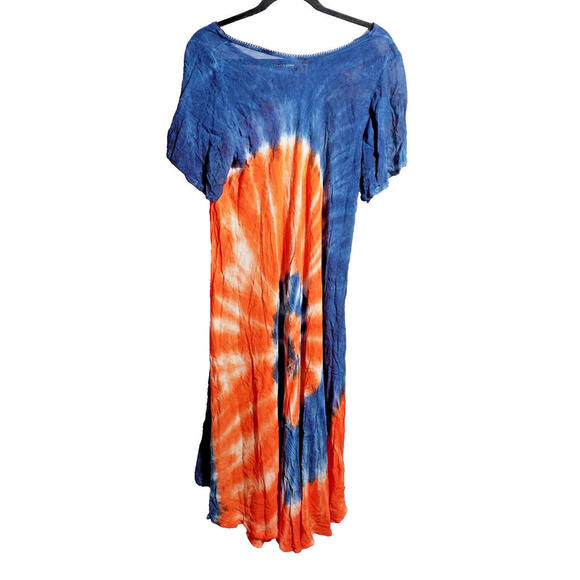 VTG Orange Blue Swirl Tie Dye Maxi Dress Stars 1XL Hippie America Asymmetric Hem - Picture 2 of 8